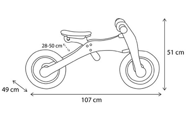 Formaten van de houten Trybike in tweewieler stand.